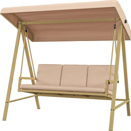 Dondolo-3-Posti-con-Tettuccio-Inclinabile-e-Cuscini,-in-Acciaio-e-Textilene,-200x125x175-cm,-Beige-e-Marrone--84A-307V00BG