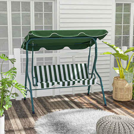 Dondolo-3-Posti-con-Tettuccio-Regolabile-e-Cuscini,-in-Acciaio-e-Poliestere,-170x110x153-cm,-Verde-e-Bianco-84A-118V01GN