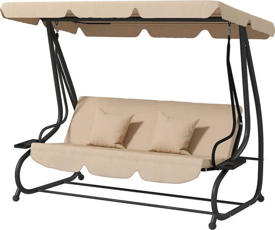 Dondolo-Letto-da-Giardino-3-Posti-con-Tetto-Regolabile-e-Vassoio,-200x120x164-cm,-Marrone-Chiaro--84A-050V02SD
