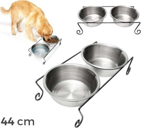 Doppia-Ciotola-Per-Cane-Cani-In-Acciaio-Con-Supporto-Rialzato-44-X-21-X-11-Cm