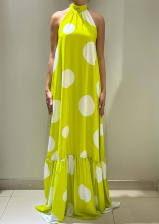 Dramee-Vestito-Lungo-Donna-Con-Cintura-A-Pois-Lime