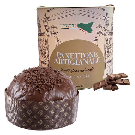 Tesori di sicilia panettone artigianale al cioccolato 1kg, latta siciliana "ù ciauru di palermo" panettone a lievitazione naturale, con mazzo di carte siciliano omaggio