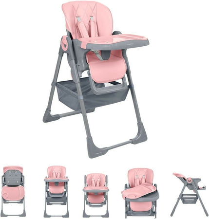 KIKKABOO Seggiolone COMFY+ , regolabile in altezza, con cinture, doppio vassoio, pieghevole, chiusura compatta, comodo, colore PINK, rosa