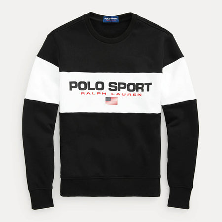 Ralph Lauren Felpa Uomo Polo Sport Usa Senza Cappuccio Girocollo Bianca E Nera Felpa Polsini E Bordo a Coste