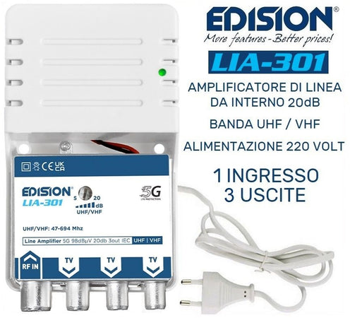 Amplificatore di segnale per antenna TV da interno UHF VHF Alto Guadagno 20dB Filtro 5G LTE EDISION LIA-301