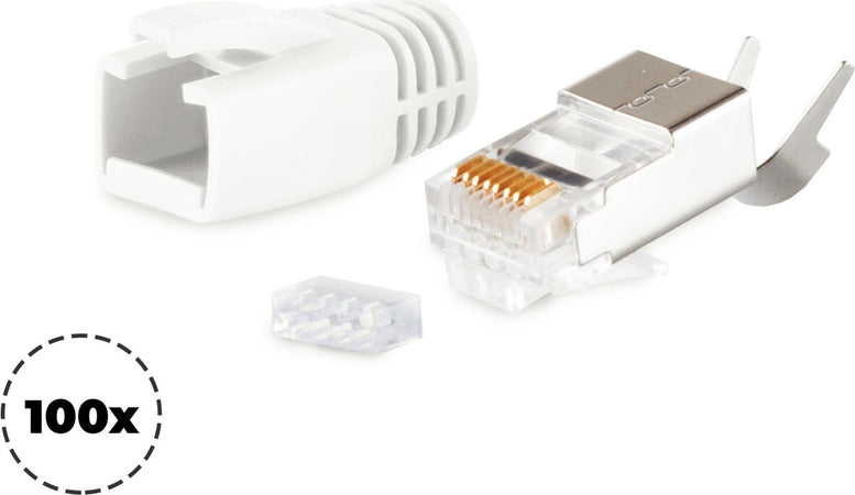 S/CONN maximum connectivity Netzwerk Modular Stecker RJ45 SET fr Verlegekabel bis AWG 23, Stecker mit Zugentlastung, Einfhrhilfe und Tlle, wei VE 100 (72067-100W)