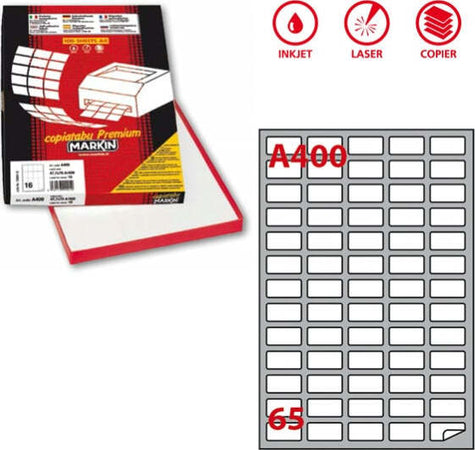 Etichetta adesiva A400 - permanente - 38 1x21 2 mm - 65 etichette per foglio - bianco - Markin - scatola 100 fogli A4 Cancelleria e prodotti per ufficio/Archivio ufficio e accessori per scrivania/Etichette divisori per schedario e timbri/Etichette ed etichette adesive/Etichette per stampanti Eurocartuccia - Pavullo, Commerciovirtuoso.it