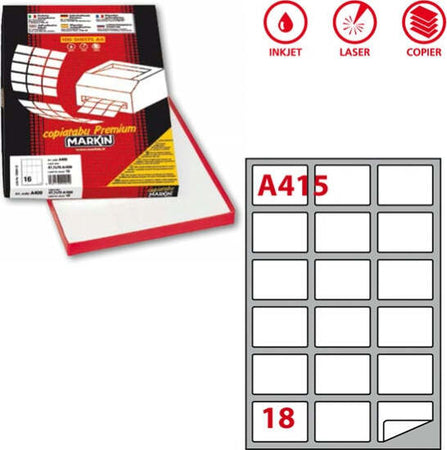 Etichetta adesiva A415 - permanente - 63 5x46 6 mm - 18 etichette per foglio - bianco - Markin - scatola 100 fogli A4 Cancelleria e prodotti per ufficio/Archivio ufficio e accessori per scrivania/Etichette divisori per schedario e timbri/Etichette ed etichette adesive/Etichette per stampanti Eurocartuccia - Pavullo, Commerciovirtuoso.it