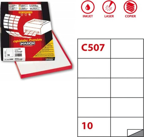 Etichetta adesiva C507 - permanente - 105x59 mm - 10 etichette per foglio - bianco - Markin - scatola 100 fogli A4 Cancelleria e prodotti per ufficio/Archivio ufficio e accessori per scrivania/Etichette divisori per schedario e timbri/Etichette ed etichette adesive/Etichette per stampanti Eurocartuccia - Pavullo, Commerciovirtuoso.it