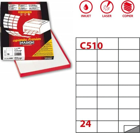 Etichetta adesiva C510 - permanente - 70x37 12 mm - 24 etichette per foglio - bianco - Markin - scatola 100 fogli A4 Cancelleria e prodotti per ufficio/Archivio ufficio e accessori per scrivania/Etichette divisori per schedario e timbri/Etichette ed etichette adesive/Etichette per stampanti Eurocartuccia - Pavullo, Commerciovirtuoso.it