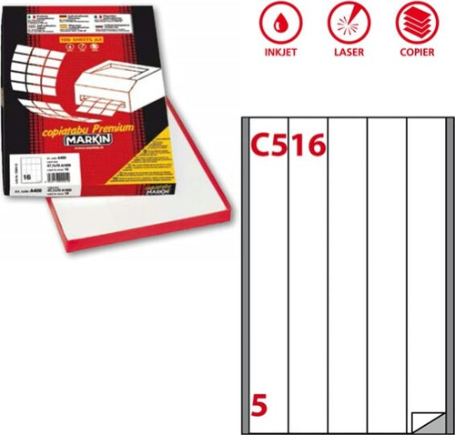 Etichetta adesiva C516 - permanente - 40x297 mm - 5 etichette per foglio - bianco - Markin - scatola 100 fogli A4 Cancelleria e prodotti per ufficio/Archivio ufficio e accessori per scrivania/Etichette divisori per schedario e timbri/Etichette ed etichette adesive/Etichette per stampanti Eurocartuccia - Pavullo, Commerciovirtuoso.it