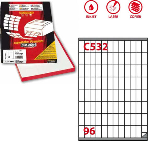 Etichetta adesiva C532 - permanente - 16 3x35 4 mm - 96 etichette per foglio - bianco- Markin - scatola 100 fogli A4 Cancelleria e prodotti per ufficio/Archivio ufficio e accessori per scrivania/Etichette divisori per schedario e timbri/Etichette ed etichette adesive/Etichette per stampanti Eurocartuccia - Pavullo, Commerciovirtuoso.it