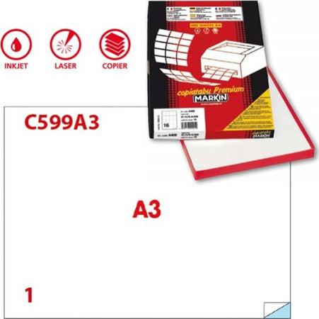 Etichetta adesiva C599 - permanente - 420x297 mm - 1 etichetta per foglio - bianco - Markin - scatola 100 fogli A3 Cancelleria e prodotti per ufficio/Archivio ufficio e accessori per scrivania/Etichette divisori per schedario e timbri/Etichette ed etichette adesive/Etichette per stampanti Eurocartuccia - Pavullo, Commerciovirtuoso.it