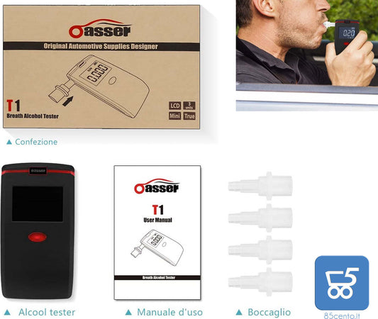 Etilometro Portatile Alcool Tester Digitale T1 con 4 Boccagli Schermo LCD Sensore funzionamento a batteria 3 x AAA