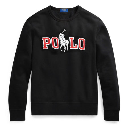 Ralph Lauren Felpa Uomo Nera Maxi Logo Polo Big Pony Girocollo Felpa Tinta Unita Nera Scritta Rossa