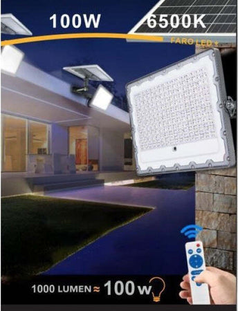Faro-Led-100-Watt-Crepuscolare-Pannello-Energia-Solare-Telecomando-Ip65-Sl-100w