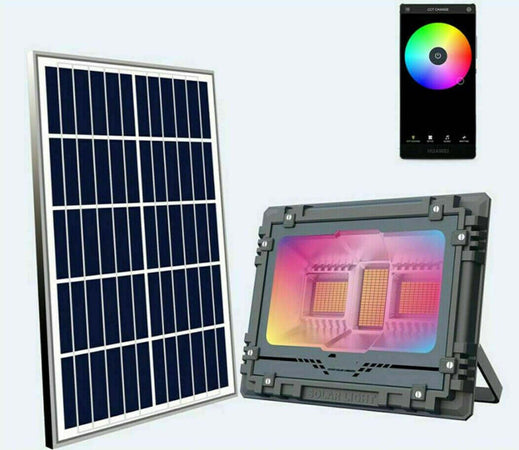 Faro-Led-Energia-Solare-60w-Bluetooth-Giochi-Luci-Luce-Fredda-RGB-Grigio-Esterno