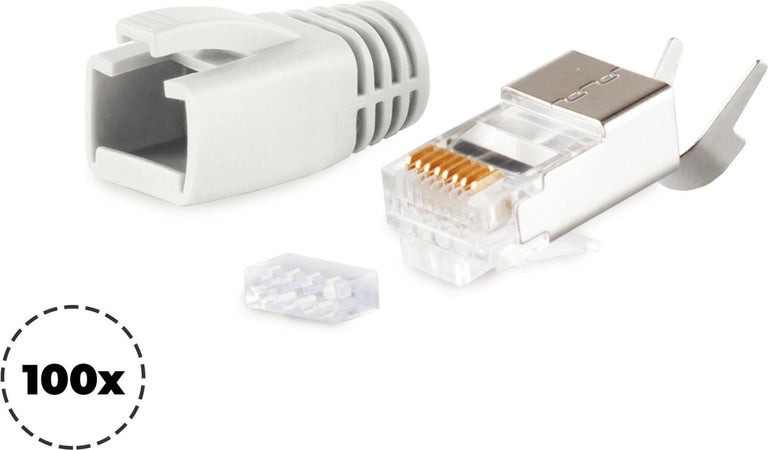 S/CONN maximum connectivity Netzwerk Modular Stecker RJ45 SET fr Verlegekabel bis AWG 23, Stecker mit Zugentlastung, Einfhrhilfe und Tlle, grau VE 100 (72067-100GR)