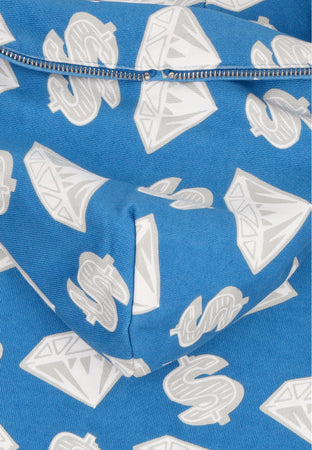 BILLIONAIRE BOYS CLUB Felpa Leggera Cappuccio Zip Uomo Diamonds & Dollars Zip-through Hooded Blue da uomo