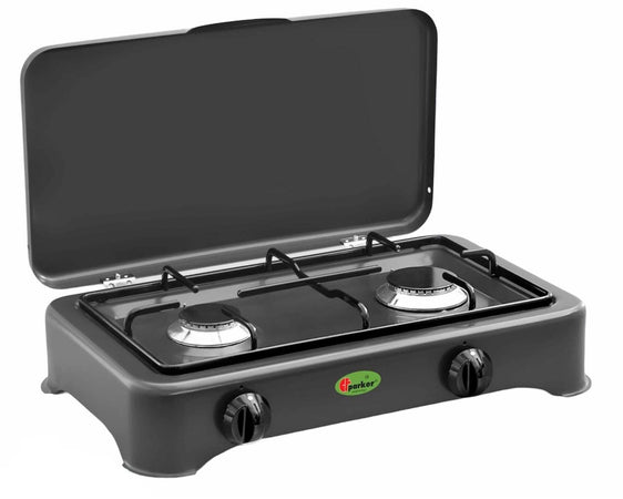FORNELLO A GAS CON VALVOLA DI SICUREZZA METANO / GPL A 2 FUOCHI GRIGIO GRAFITE CFPARKER MOD. 5326GSPGPS