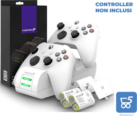 Fosmon DUAL 2 MAX Stazione di Ricarica Compatibile con Controller Xbox Series X S Xbox One One X One S Elite (Dual Slot) + 2x Batterie Ricaricabili 2200mAh