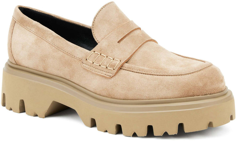 Frau Mocassini Donna Camoscio Beige Chiaro Mocassino In Pelle Scamosciata Con Suola Carro Maxi Suola Plateau 4.5cm Made In Italy