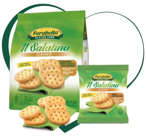 Il salatino classico in formato 30g senza glutine e senza lattosio leggermente piccante marca : arabella