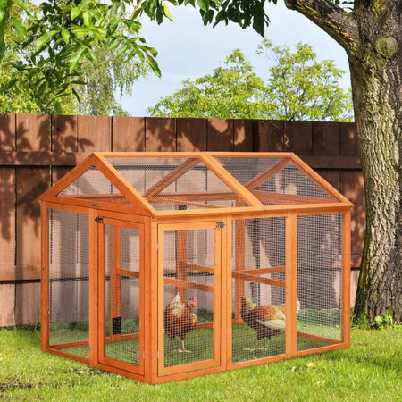 Gabbia-per-Galline-in-Legno-con-Porte-Multiple-e-Rete-in-Metallo,-140x88.5x106cm,-Arancione-HJ8D51-364V00OGHJ8