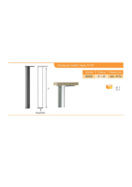 Gambe regolabili per tavolo Ø60x710mm, kit di 4 piedi per tavolo in acciaio, altezza regolabile 710-730mm