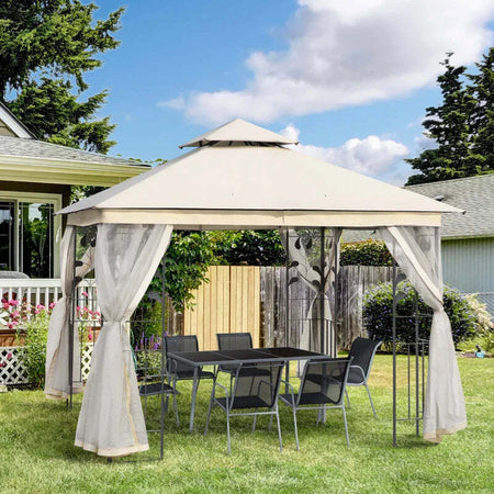 Gazebo-da-Giardino-3x3m-con-Zanzariera,-Telaio-in-Acciaio-e-Doppio-Tettuccio,-Bianco-84C-100