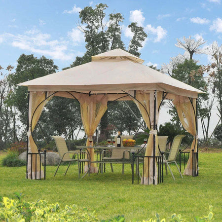 Gazebo-da-Giardino-3x3m-in-Metallo-con-Zanzariere-e-Tettuccio-in-Poliestere,-Beige-84C-005