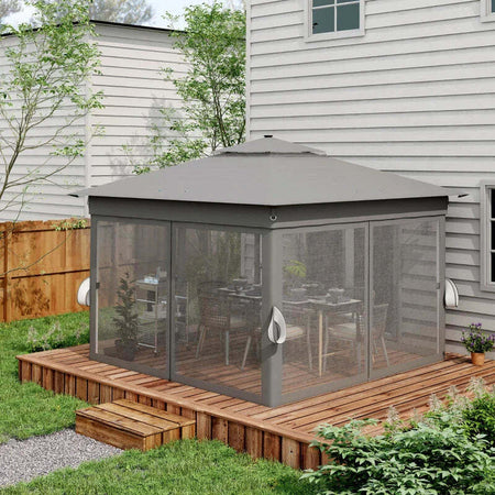 Gazebo-da-Giardino-ad-Altezza-Regolabile-con-Luci-LED,-in-Acciaio-e-tessuto-Oxford,-336x336x250-270-cm,-Grigio-84C-483V00WT