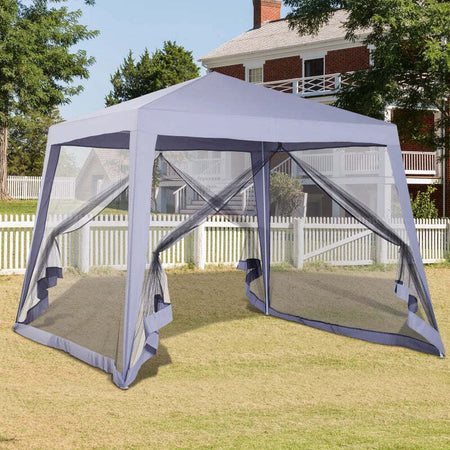 Gazebo-Impermeabile-con-Zanzariere-da-Giardino-Esterno-Tendone-in-Poliestere-3-x-3-x-2.45-m-Grigio-84C-090GY