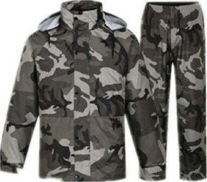 Giacca-Mantella-Pantaloni-Impermeabile-Mimetica-Pvc-Antipioggia-Cappuccio