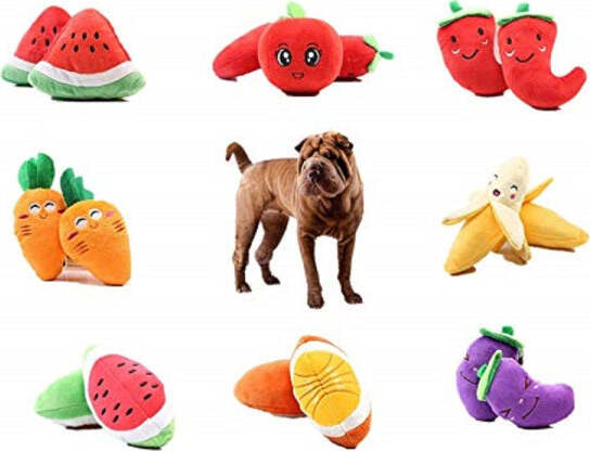 Gioco-Peluche-Frutta-Morbido-Cani-Banana-Anguria-Peperoncino-Pomodoro-Morde-Denti