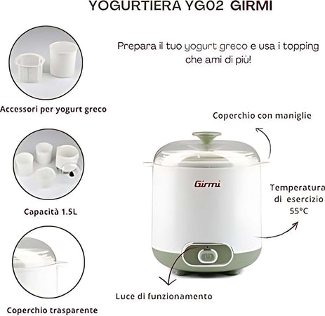 Girmi-Yogurtiera-Elettrica-Con-Accessori-Per-Yogurt-Greco-1,5lt-Yg02