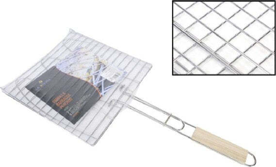 Griglia-Quadra-Barbecue-Doppia-Grill-Manico-Legno-Graticola-Arrosto-Pesce-28x28cm