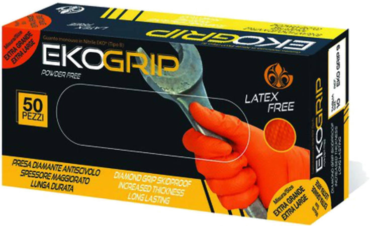 Guanti in Nitrile Arancio Ekogrip 50 Pz. Arancio Spessore 8.8 Gr. Dpi Monouso Senza Polvere 6mil Latex Free Meccanico Officina Gommista