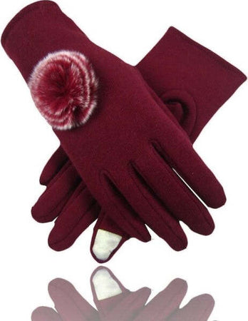 Guanti-Tessuto-Bordeaux-Cotone-Pon-Pon-Guanto-Taglia-8-Gloves-Fodera-Pile
