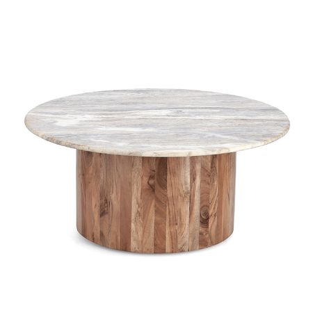 Tavolino eloy, piano in marmo con base in legno di acacia, Ø 80 x 35 cm