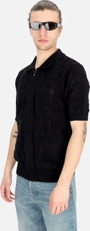 HUF-Polo-Manica-Corta-Uomo-Monogram-Jacquard-Zip-Sweater-Black-da-uomo