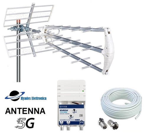 Kit Antenna TV UHF Digitale Terrestre Esterna DVB-T2 Con Amplificatore Da Interno 1 ingresso 2 uscite 24db