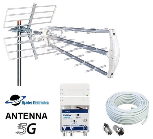Kit Antenna TV UHF Digitale Terrestre Esterna DVB-T2 Con Amplificatore Da Interno 1 ingresso 2 uscite 24db