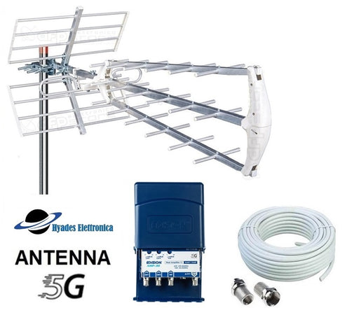 Kit Antenna Tv Digitale Terrestre Da Esterno Ad Alto Guadagno DVB-T2 Completo di Amplificatore di Segnale da Palo da 32dB