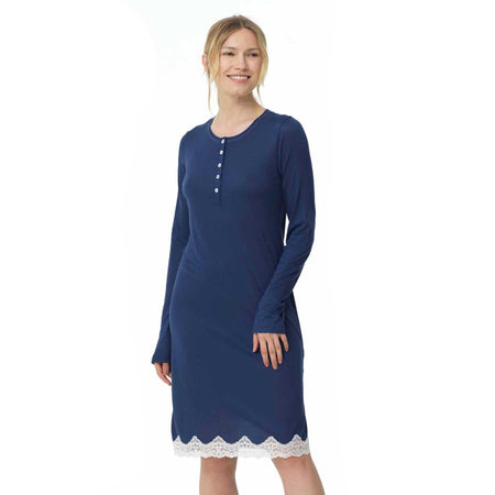 Camicia da notte Bisbigli blu, 100% cotone, con collo Serafino e quattro bottoni, maniche lunghe