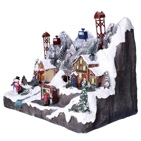 Scena animata a Led Paesaggio Natalizio con cascata e funivia  con luci 28.5 cm