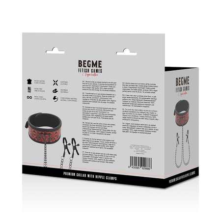 BEGME collare con pinze per capezzoli fetish in morbido neoprene colore rosso e nero