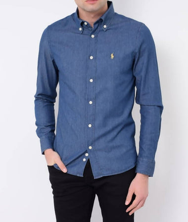 Camicia Uomo In Jeans Ralph Lauren Slim Fit Camicia Casual Con Logo Ricamato Colletto Botton Down Blu Navy Vestibilità Slim