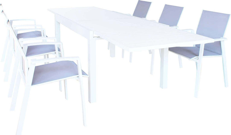 JERRI---set-tavolo-in-alluminio-cm-135/270x90x75-h-con-6-sedute-Bianco-Milani-Home