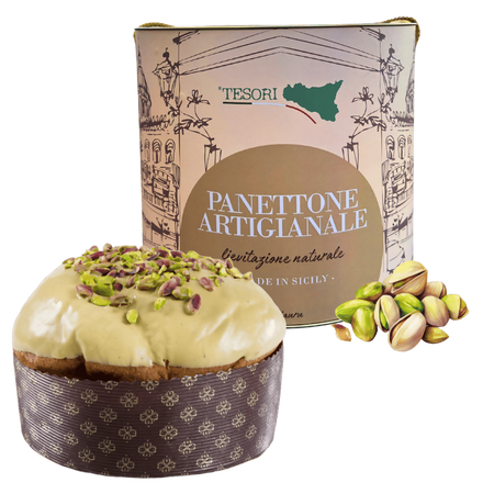 Tesori di sicilia panettone artigianale al pistacchio di sicilia 1kg, latta siciliana "ù ciauru di palermo" per panettone a lievitazione naturale con mazzo di carte siciliano omaggio